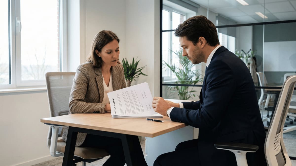 Werkgever en werknemer bespreken samen een arbeidsovereenkomst van bepaalde duur aan een bureau in een modern kantoor.
