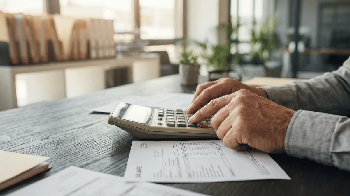 Handen van een persoon die met een rekenmachine een berekening maakt boven een factuur op een bureau in een kantooromgeving.